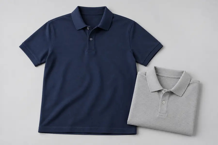 Representative AI-generated polo shirts; not actual stock or proof of material composition.