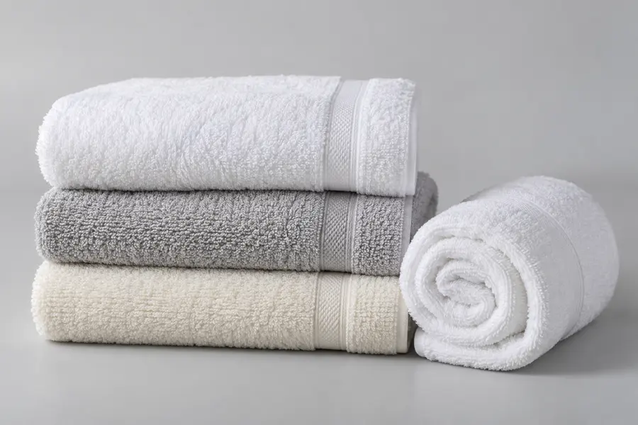 Representative AI-generated bath towels; not actual stock or proof of material composition.
