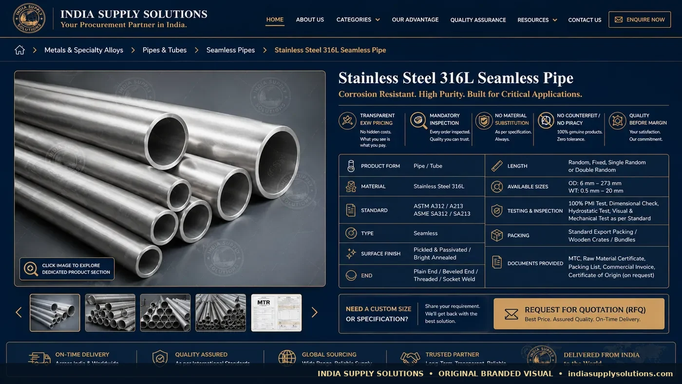 Stainless Steel 316L Seamless Pipe — India Supply Solutions product-family reference photograph